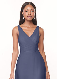 Azazie Nala Robes de demoiselle d'honneur Robe Trapèze en Mousseline de soie Plissée Bleu Orageux image4