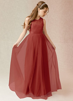 Azazie Georgette Junior Terracotta A-Line Lace Tulle Dress image1