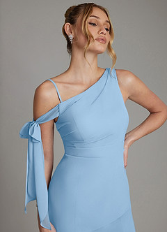Azazie Aylin Bridesmaid Dresses Powder Blue Sheath Off the Shoulder Chiffon Dress image3