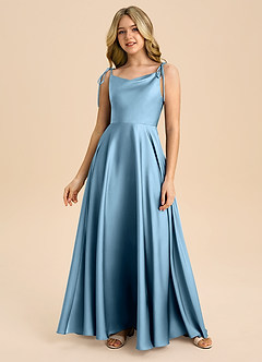 Azazie Popsy Junior Steel Blue A-Line Bow Stretch Satin Dress image2