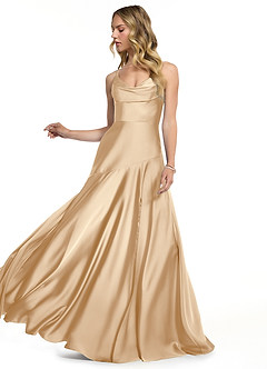 Azazie Kayla Bridesmaid Dresses Champagne Sheath Side Slit Stretch Satin Dress image3