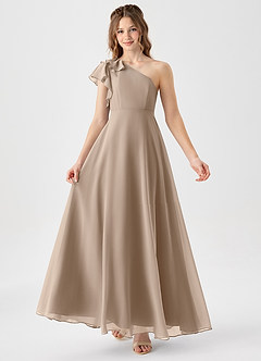 Azazie Arabella Junior Taupe A-Line Ruched Chiffon Dress image1
