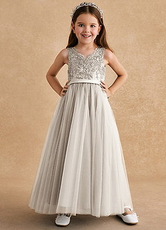 Azazie Cinna Flower Girl Dresses Frost A-Line Lace Tulle Dress image1