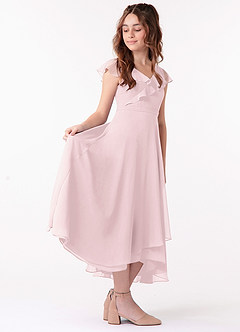 Azazie Posie Junior Blushing Pink A-Line Ruched Chiffon Dress image3