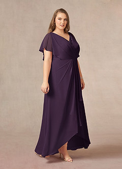 Azazie Eliza Mère de la mariée Robes Robe Trapèze en Mousseline de soie Col V plissé Prune image9