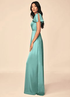 Azazie Soren Bridesmaid Dresses Aqua A-Line Pleated Stretch Satin Dress image6