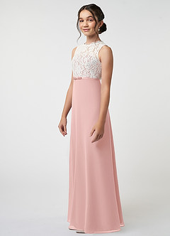Azazie Rana Junior Powder Pink A-Line Lace Chiffon Dress image3