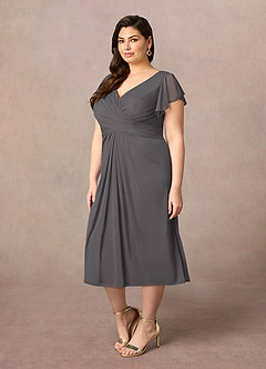 Azazie Vera vestidos de madre de la novia Vestido de Gris Acero de Malla de Corte En A con Cuello en V plisado image7