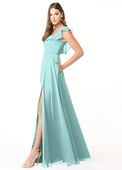 Azazie Jinny Bridesmaid Dresses Aqua A-Line Square Neckline Ruched Chiffon Dress image3