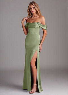 Azazie Saige Bridesmaid Dresses Pistachio Sheath Off the Shoulder Stretch Satin Dress image5