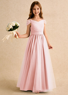 Azazie Yuna Girls Formal 플라워 걸 드레스 A라인 오프 더 숄더 얇실버 명주 그물 플로어 길이 드레스 image1