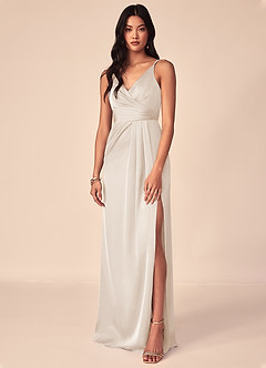Azazie Aqua Bridesmaid Dresses White Alabaster A-Line V-Neck Pleated Stretch Satin Dress image1