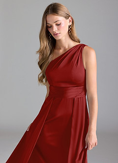 Azazie Dallas Brautjungfernkleider A-Linie One-Shoulder Stretch-Satin Kleid Granatapfelrot image6