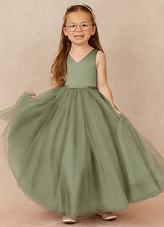 Azazie Marybell Abiti da Ragazza di Fiori Abito A-Line in Tulle Fiocco Pistacchio image1