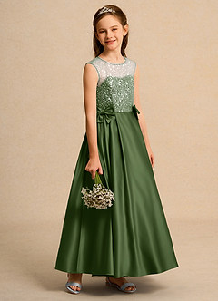 Azazie Candy Girl Jurken voor bloemenmeisjes Baljurk Jurk van Mat Satijn Boog Olijf image6