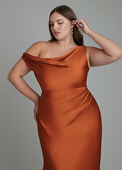 Azazie Emerson Bridesmaid Dresses Cinnamon Mermaid Off the Shoulder Stretch Satin Dress image12