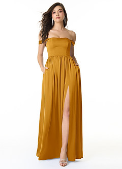 Azazie Morana Bridesmaid Dresses Butterscotch A-Line Off the Shoulder Stretch Satin Convertible Dress image1