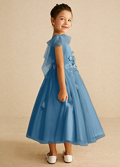 Azazie Minia Jurken voor bloemenmeisjes A-Lijn Jurk van Mat Satijn Boog Staal Blauw image2