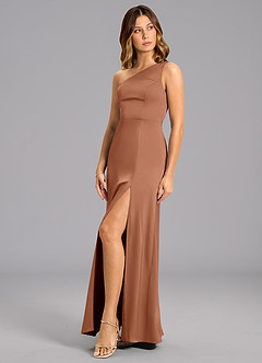 Azazie Phaedra Bridesmaid Dresses Bronzer A-Line One Shoulder Stretch Satin Dress image3