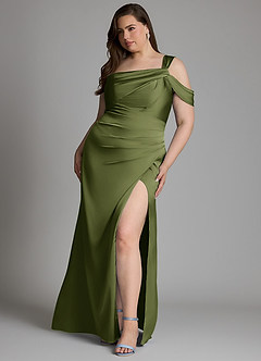Azazie Wynter Bridesmaid Dresses Olive Sheath One Shoulder Stretch Satin Dress image9