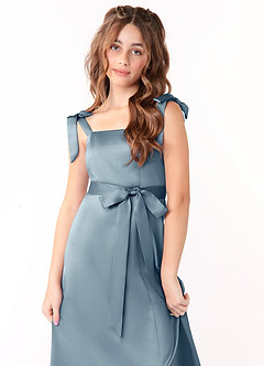 Azazie Barbara Junior Dusty Blue A-Line Bow Stretch Satin Dress image5