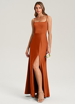 Azazie Lidia Robes de demoiselle d'honneur Robe Sirène en Satin extensible Fente Latérale Orange Brûlée image3