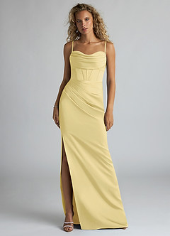 Azazie Mai Bridesmaid Dresses Lemon Sorbet Sheath Pleated Stretch Satin Dress image1