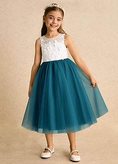 Azazie Lina Flower Girl Dresses Ivory Ink Blue Ball-Gown Lace Dress image2