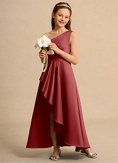 Azazie Taffy Girls Formal Robe Demoiselle D'honneur Fillette Robe Trapèze en Mat Satiné Dentelle Rouille image4