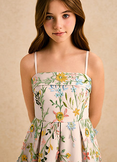 Azazie Lark Girls Formal Flower Girl Dresses Blushing Pink A-Line Pleated Lace Dress image6