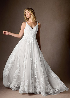 Azazie Delaina Wedding Dresses Diamond White A-Line V-Neck Sequins Tulle Dress image12