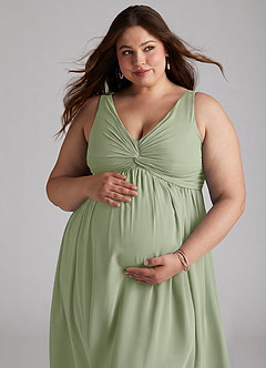 Azazie Yetta Maternity Bridesmaid Dresses A-Line V-Neck Gathered Chiffon Floor-Length Dress image8