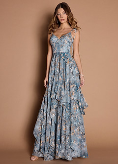 Azazie Wedding Guest dress Powder Blue Floor-Length A-Line V Neck Ruffles