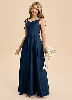 Azazie Popsy Junior Dark Navy A-Line Bow Stretch Satin Dress image7