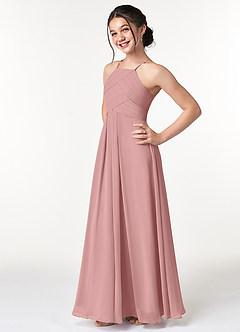 Azazie Ginger Junior Vestido de Rosa Polvorienta de Gasa de Corte En A con Plisado image3