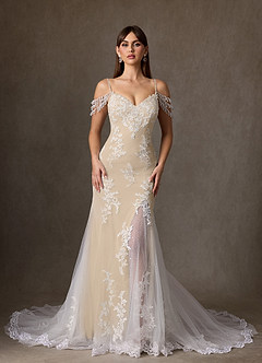 Azazie Saskia Diamond White Champagne Mermaid Sequins Tulle Dress