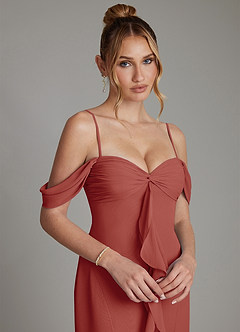 Azazie Karmela Bridesmaid Dresses Terracotta A-Line Off the Shoulder Chiffon Dress image3