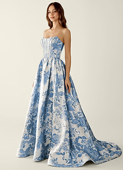 Allegra Bleu Acier Robe de bal trapèze à imprimé floral jacquard image3