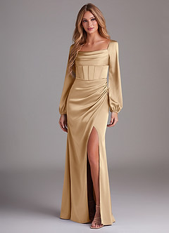 Azazie Charissa Bridesmaid Dresses Champagne Sheath Long Sleeve Stretch Satin Dress image4