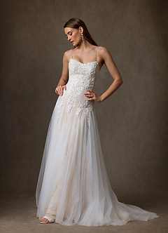 Azazie Lumina At-home Try On Dresses Diamond White Champagne A-Line Sweetheart Neckline Lace Dress image1