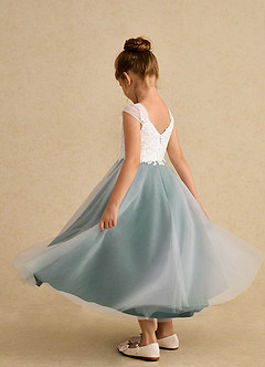 Azazie Momo Flower Girl Dresses Ivory Emerald A-Line Lace Dress image4