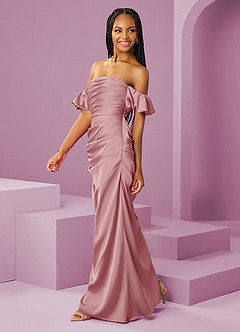 Barbie ♥ Azazie Bridesmaid Dresses Dusty Rose Sheath Off the Shoulder Stretch Satin Convertible Dress image4