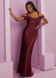 Barbie ♥ Azazie Vestidos de damas de honor Vestido de Cabernet de Satén Elástico de Corte Recto con Plisado image12