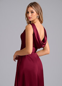 Azazie Karina Bridesmaid Dresses Burgundy A-Line Pleated Stretch Satin Dress image2