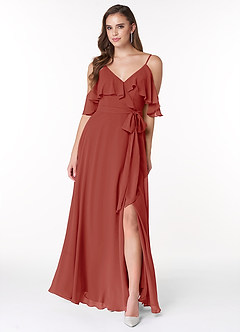 Azazie Vianna Bridesmaid Dresses Terracotta A-Line V-neck Ruched Chiffon Dress image1