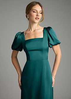 Azazie Fyona Bridesmaid Dresses Peacock A-Line Pleated Stretch Satin Dress image6