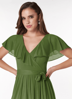 Azazie Jael Robes de demoiselle d'honneur Robe Trapèze en Maille Col en V Olive image5