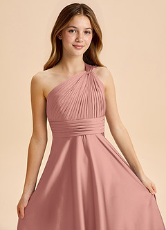 Azazie Charlize Junior Rosette A-Line Pleated Stretch Satin Dress image6