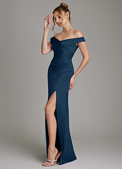 Azazie Teyana Bridesmaid Dresses Dark Navy Sheath Off the Shoulder Stretch Satin Dress image5
