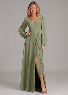 Azazie Simone Bridesmaid Dresses Pistachio A-Line Long Sleeve Chiffon Dress image1